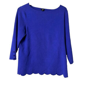 Talbots Petite XL Womens Indigo Blue Sweater 3/4 Sleeve Scalloped Hem Pullover